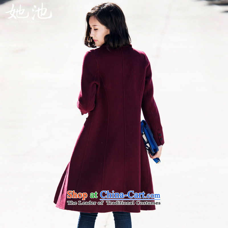 She Pool 2015 Autumn new for women pure color wild reverse collar double row is long woolen coat T54059 wine red M, her pool , , , shopping on the Internet