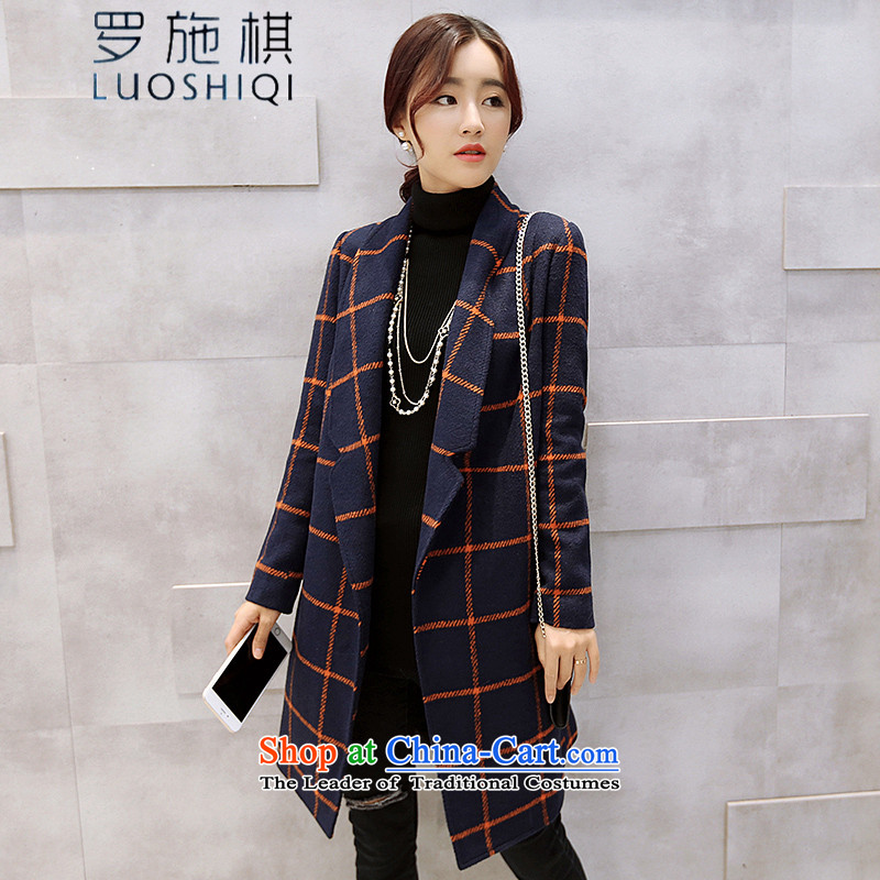 Roosch chess 2015 autumn and winter new Korean girl who decorated video thin wild long lady sweet latticed gross coats of blue jacket? L