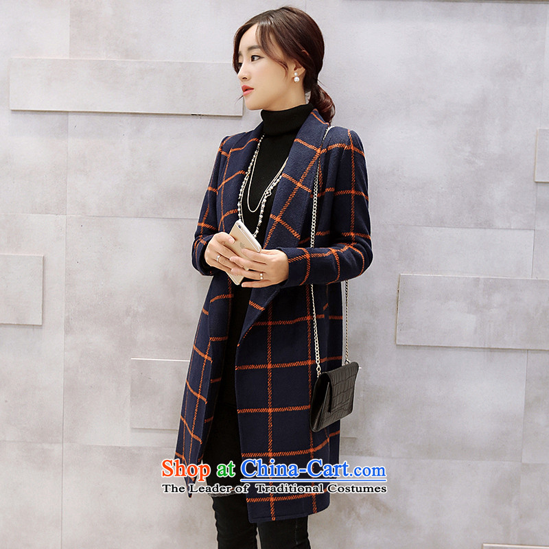 Roosch chess 2015 autumn and winter new Korean girl who decorated video thin wild long lady sweet latticed gross jacket coat blue,? , L, Meshech Chess (luoshiqi) , , , shopping on the Internet