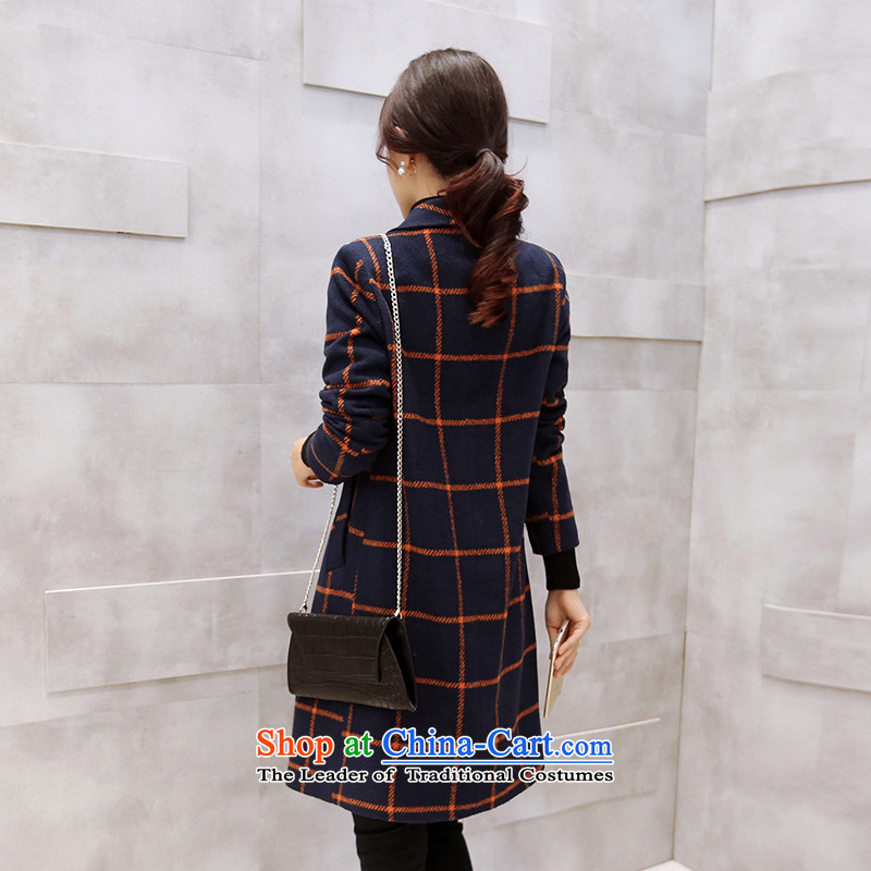 Roosch chess 2015 autumn and winter new Korean girl who decorated video thin wild long lady sweet latticed gross jacket coat blue,? , L, Meshech Chess (luoshiqi) , , , shopping on the Internet