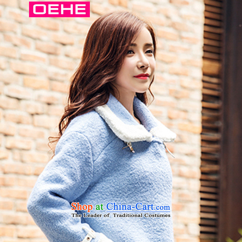 Oehe 2015 autumn and winter new Korean version in the long jacket, Sau San stylish girl video thin lapel long-sleeved jacket in light blue S,oehe,,, shopping on the Internet