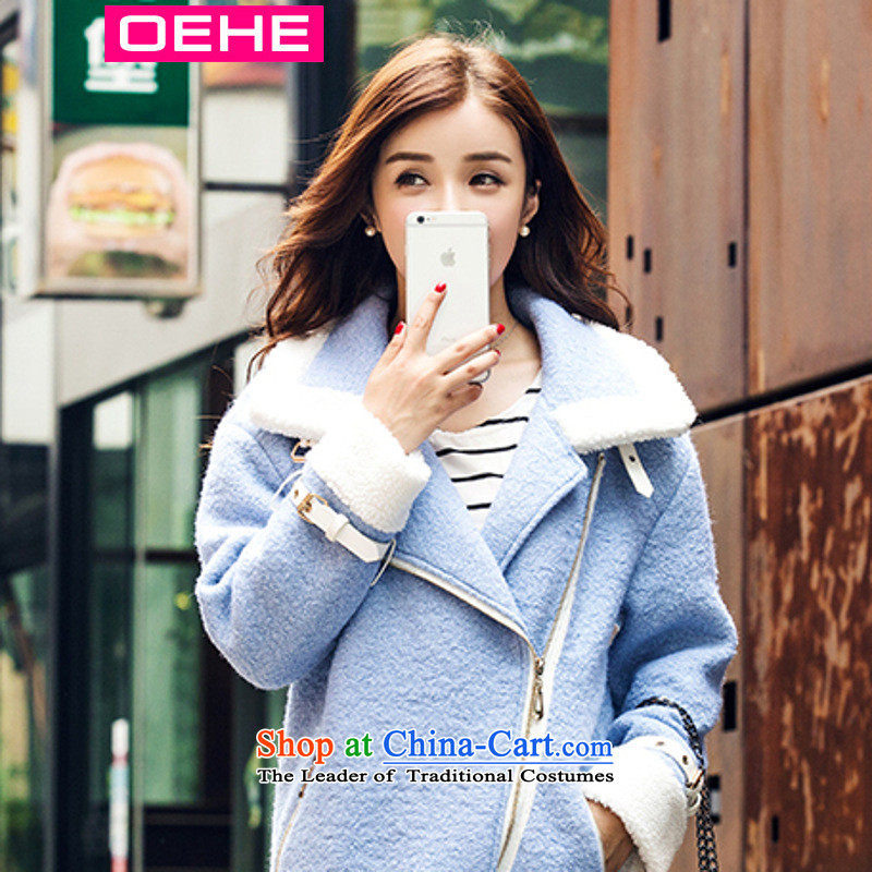 Oehe 2015 autumn and winter new Korean version in the long jacket, Sau San stylish girl video thin lapel long-sleeved jacket in light blue S,oehe,,, shopping on the Internet