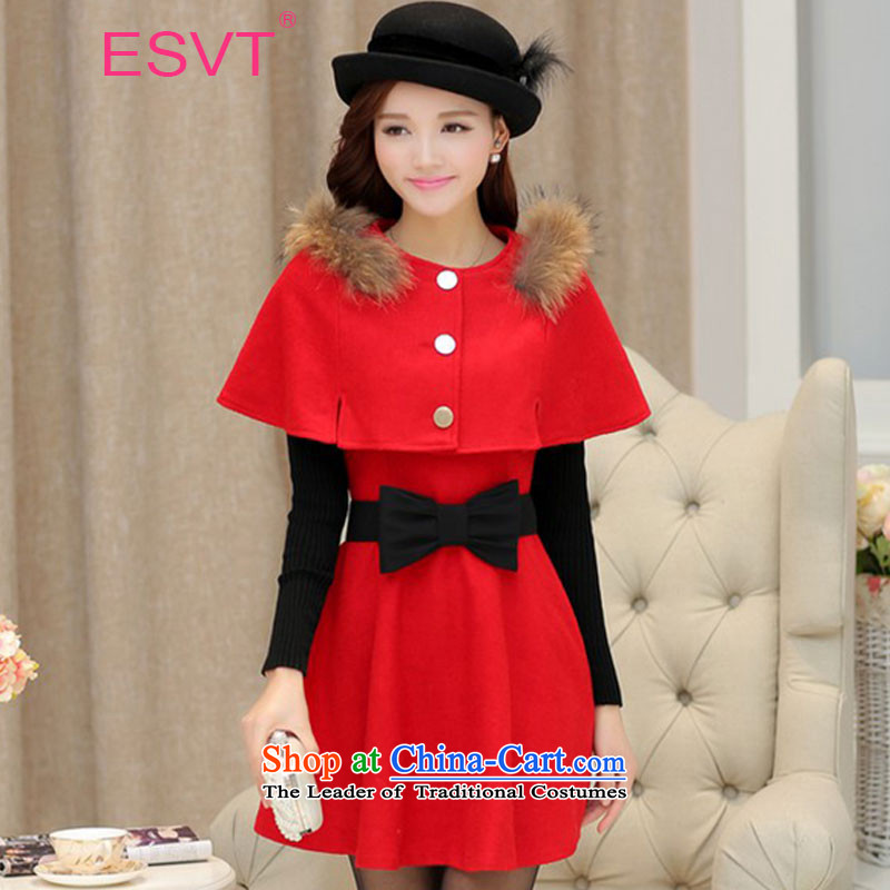 ?The Korean version of the 2015 Winter ESVT new stylish coat winter? female hair sleek and versatile leisure aristocratic van skirt the girl with really gross flows collar and belt RED?M