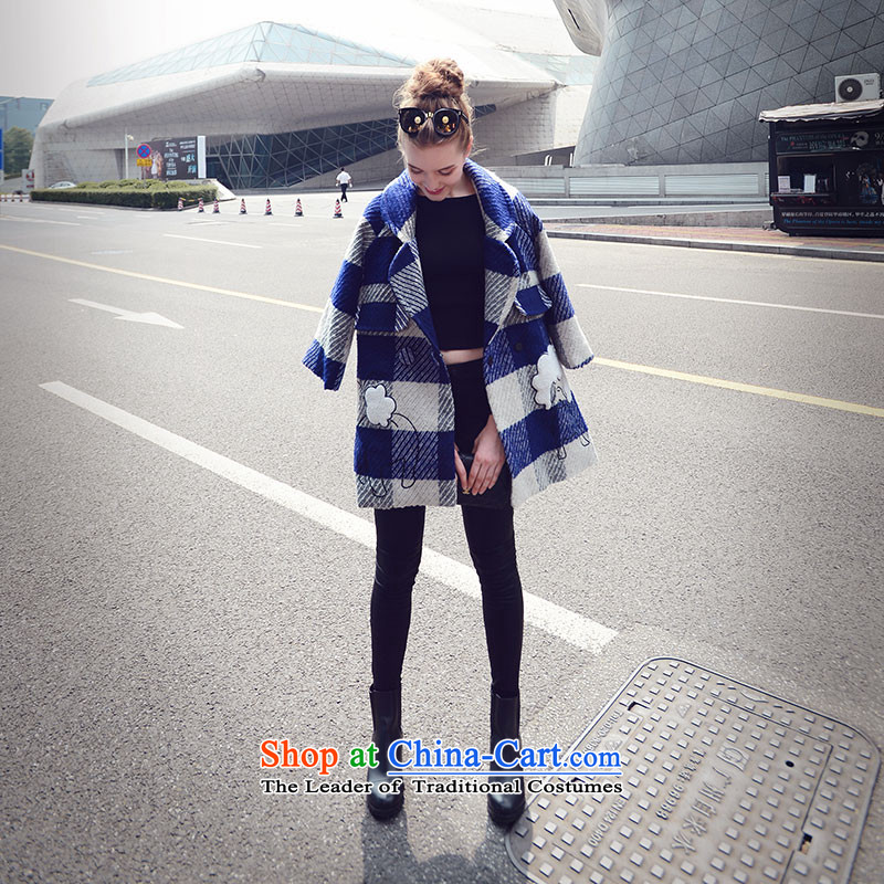 Use the new 2015-Soo Choo boxed version korea long hair? large jacket coat? female Sau San blue and white checkered M mystery-soo (MISHOW) , , , shopping on the Internet