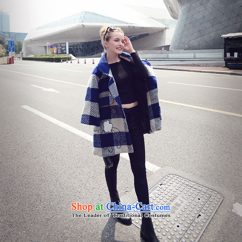 Use the new 2015-Soo Choo boxed version korea long hair? large jacket coat? female Sau San blue and white checkered M mystery-soo (MISHOW) , , , shopping on the Internet