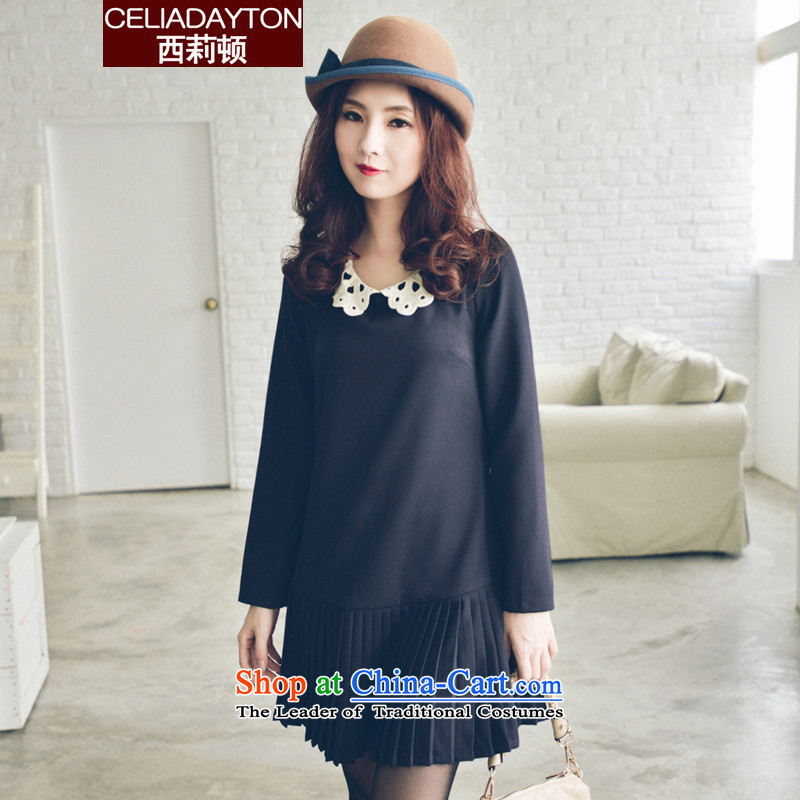 Szili Clinton 2015 new products in the autumn hypertrophy code women thick mm sister relaxd stylish lady long-sleeved dresses 200 hundred catties pleated skirts wild, forming the dark blue XXXL skirt