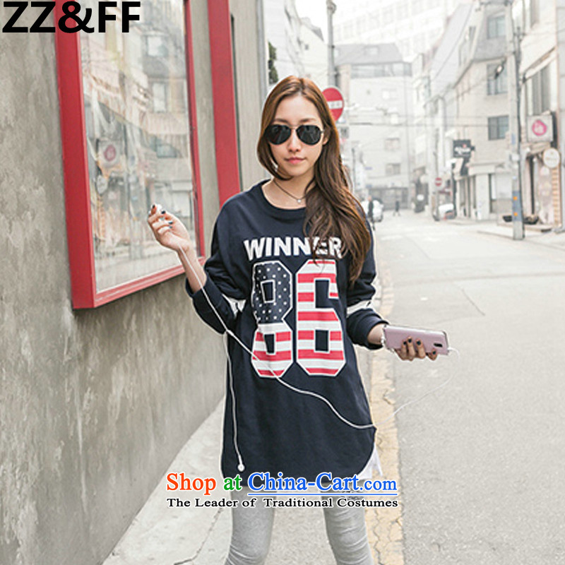 2015 Autumn and winter Zz_ff New Large Kit Korean loose thick MM larger female alphanumeric stamp in long sweater pants and two piece navy blue shirt + Light gray trousersXXL_ recommendations 120-140 catties_