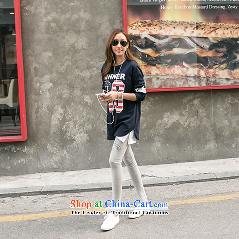 2015 Autumn and winter Zz&ff New Large Kit Korean loose thick MM larger female alphanumeric stamp in long sweater pants and two piece navy blue shirt + Light gray trousers XXL( recommendations 120-140 catty ),ZZ&FF,,, shopping on the Internet