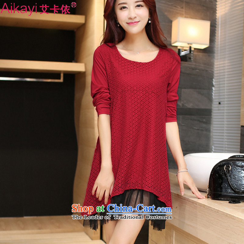 In accordance with the largest number of hiv card long-sleeved blouses and dresses autumn 2015 new boxed version Korea thick mm lace dresses 1044-1 wine red L
