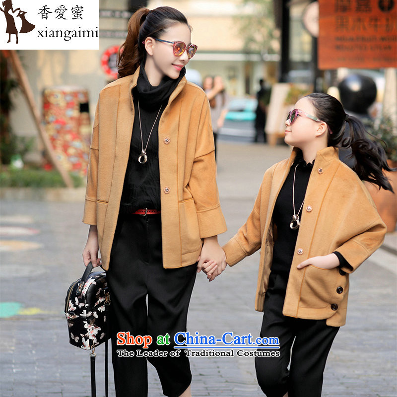 The Champs Elysees Honey Love 2015 autumn and winter new parent-child with stylish casual relaxd 9 cuff wool coat Korean short?_ warm thick collar mother and daughter and color jacket mother L