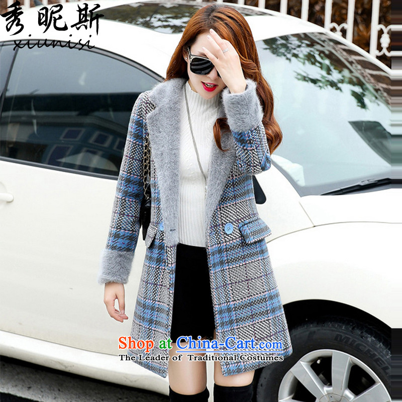 Soo-young, 2015 autumn and winter new gross girls jacket? Long Sau San Uk latticed gross coats light blue?M?