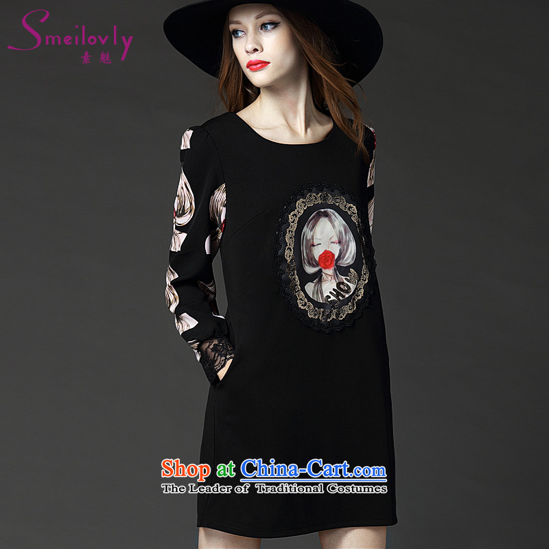 The Director of the women's code 2015 Autumn New_ thick mm sweet stamp lace stitching long-sleeved dresses 2535 Black Large 3XL code around 922.747 160