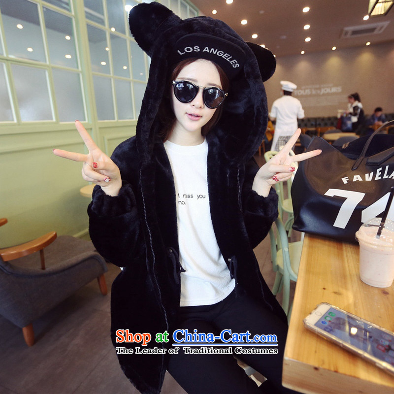 2015 Autumn winter new Korean version of large numbers of ladies thick MM loose, Hin thin, thick cotton coat cardigan thick Korean thick fluffy in sister long cotton jacket Black XL