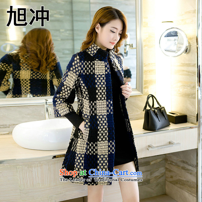 Ms. Chong Wook 2015 Autumn boutique luxury and elegance with quality female autumn and winter viewed the new medium to long term, latticed gross coats navy blueM?