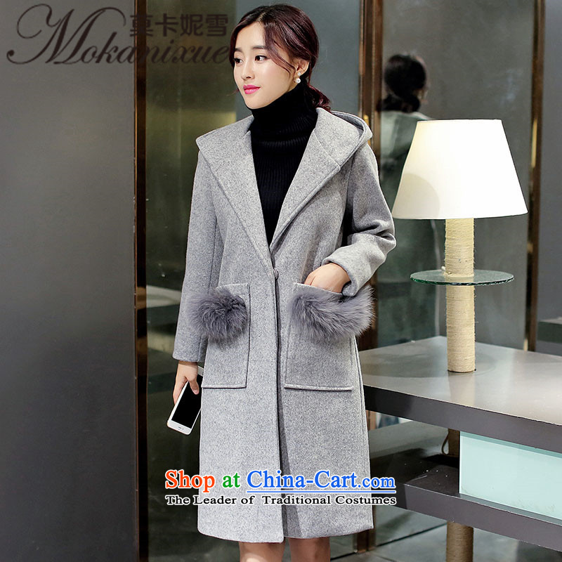 Morcar Connie snow wool coat women 2015? Fall/Winter Collections new temperament with cap in long thick hair? jacket han bum pink M Moka Connie Snow (mokanixue) , , , shopping on the Internet