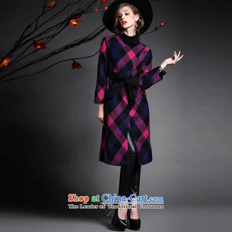 Also, 2015 Winter Female Western big latticed long-sleeved tether strap buckle single row long hair a wool coat jacket female red S also lai (yinreal) , , , shopping on the Internet