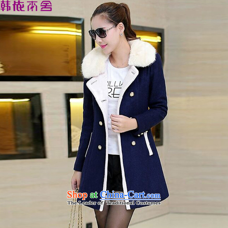 In accordance with the Korean homes? female jacket coat Hair Fall_Winter Collections new Korean knocked color thick hair for long Sau San, a wool coat female H520 navy?L