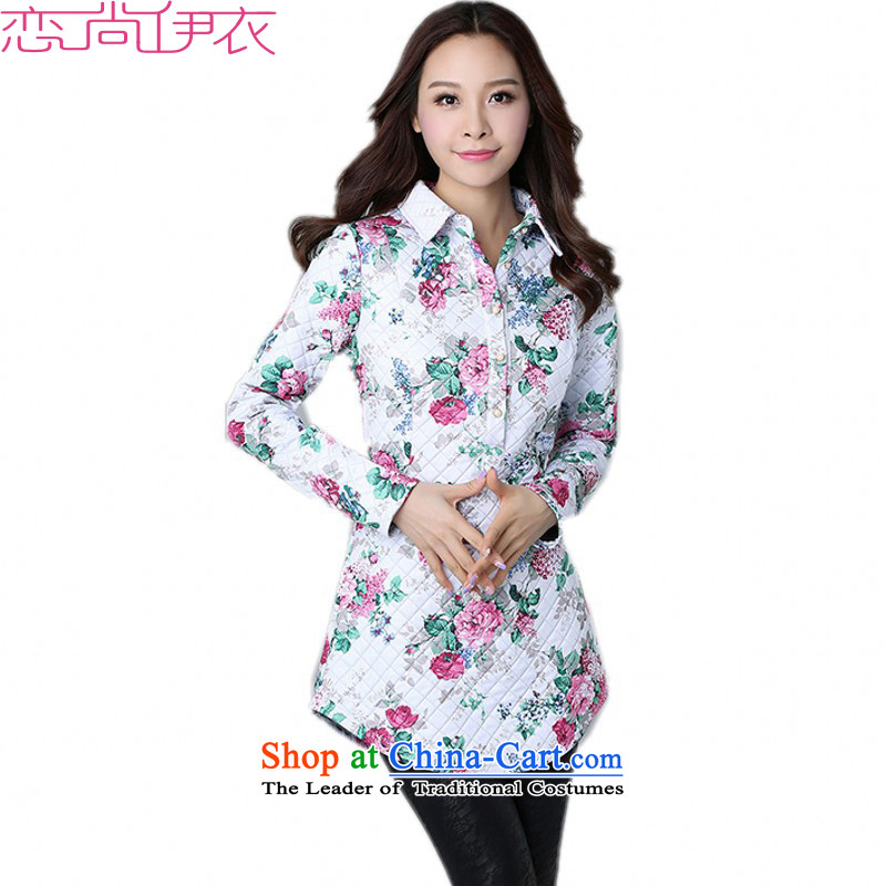 To increase the number of women in 2015 winter shirt New Folder cotton shirt female long-sleeved large stamp ethnic liberal thick clothes warm shirt 5XL approximately 180-195 green powder coal