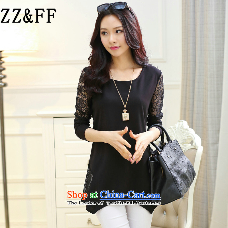 The autumn 2015 new Zz_ff Korean lace in long-sleeved long large women forming the Netherlands stitching graphics thin black T-shirt XXXXL