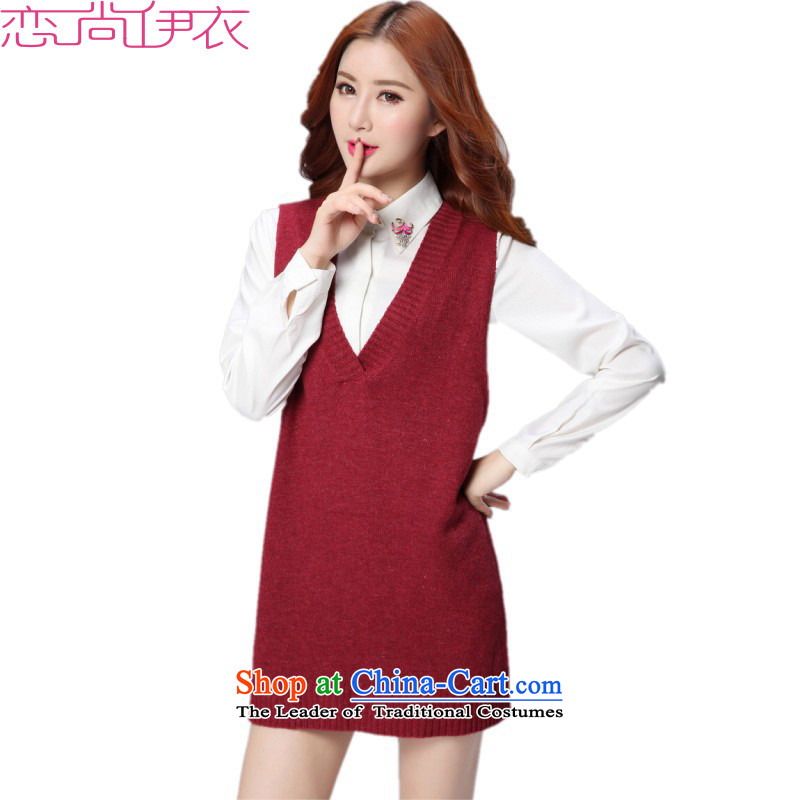 To XL 2015 Autumn and Winter Sweater dresses, forming a new women's dress code V-neck, Sau San large sleeveless vest vest jacket skirt knitting dress skirt thick wine redXLapproximately 120-140 catty