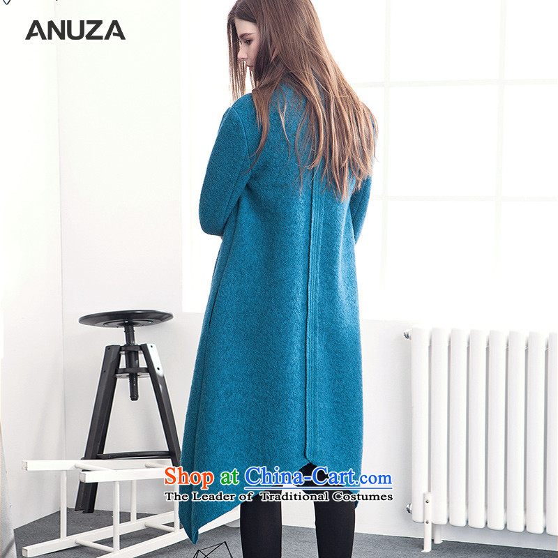 The autumn and winter knocked color ANUZA2015 lapel irregular loose set up conference in gross wool long coats? Jacket Blue    M  FOR 155-168,ANUZA,,, shopping on the Internet