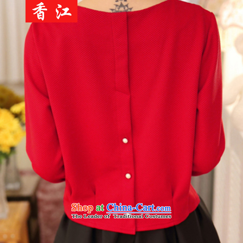 Xiang Jiang 2015 Autumn 200 catties fatsos loose video thin to xl women's long-sleeved shirt, forming the pearl of the nails shirt dresses Kit 6853 red T-shirt + black skirt 4XL, large Hong Kong shopping on the Internet has been pressed.