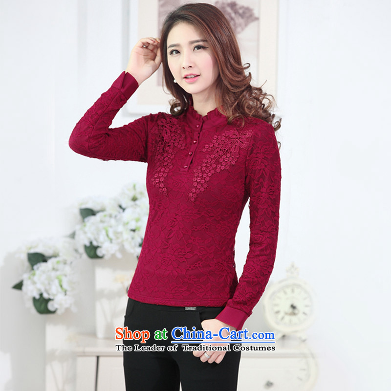 For M- 2015 to increase the number of women in autumn and winter new fat mm Sau San plus lint-free thick warm lace forming the Netherlands T-shirt M1949 female deep red collar m childcare.... 3XL, shopping on the Internet