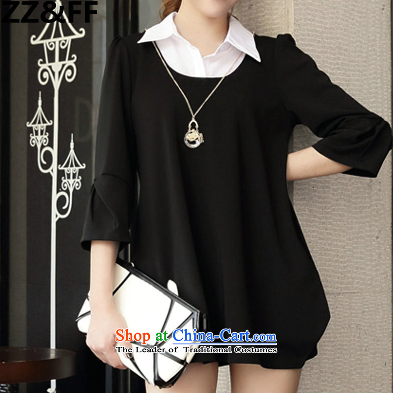 2015 New Korea Zz&ff edition fall female false Two Foutune of video for 9 thin shirt-sleeves for larger MM thick black skirt XXXXXL,ZZ&FF,,, shopping on the Internet