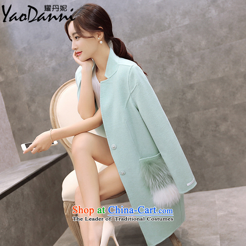 Yiu-Dan Ni Korea deviation 2015 autumn and winter new temperament big foxy Cashmere wool can pocket Maomao overcoat, blue jacket femaleL