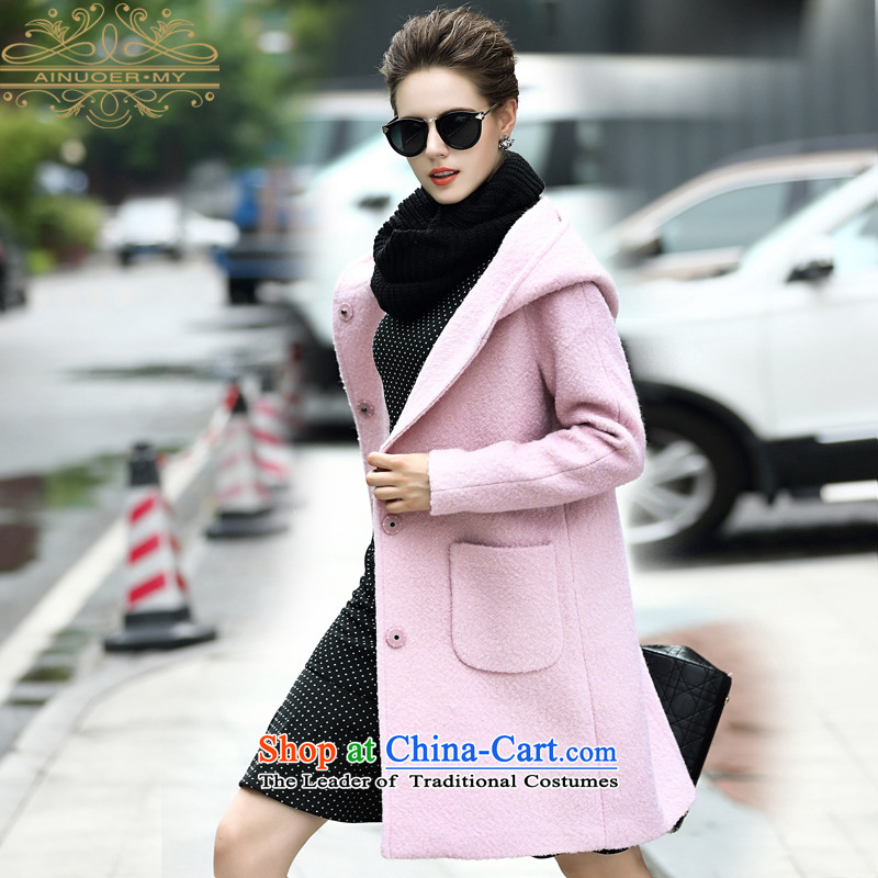 Ainuoer.my2015 winter clothing new gross in Europe and the jacket? Long solid color cap Sau San woolen coat pink S