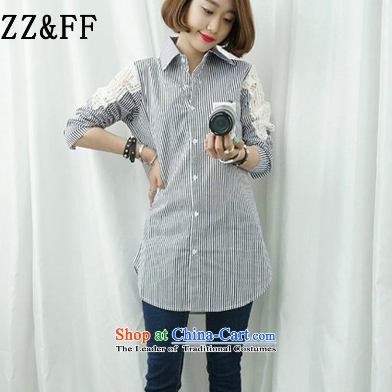 2015 Autumn and winter Zz_ff new Korean female long-sleeved shirt loose streaks lace engraving thick MM larger forming the streaksXXXXL Shirt