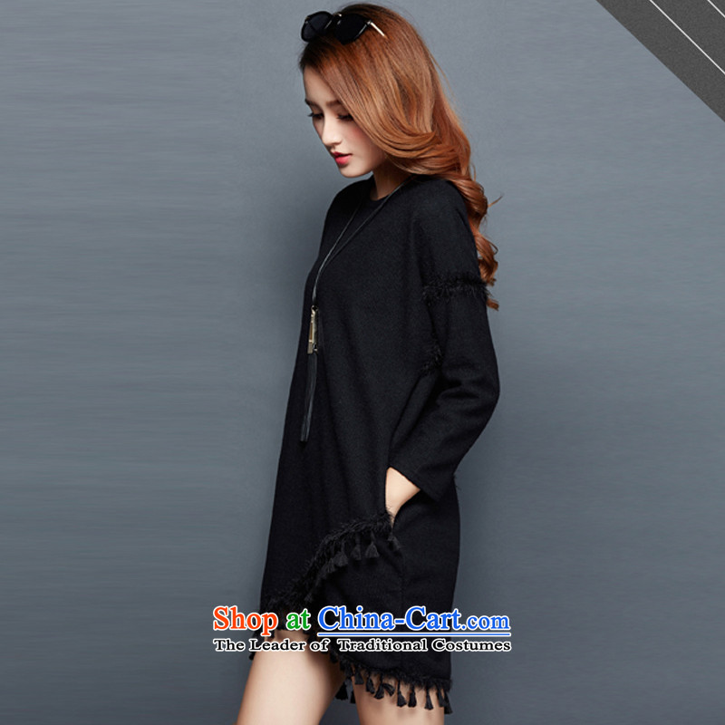 Large 2015 Zz&ff female thick mm autumn knitted dress lanterns edging long-sleeved loose video thin dresses new products black XXXL,ZZ&FF,,, shopping on the Internet