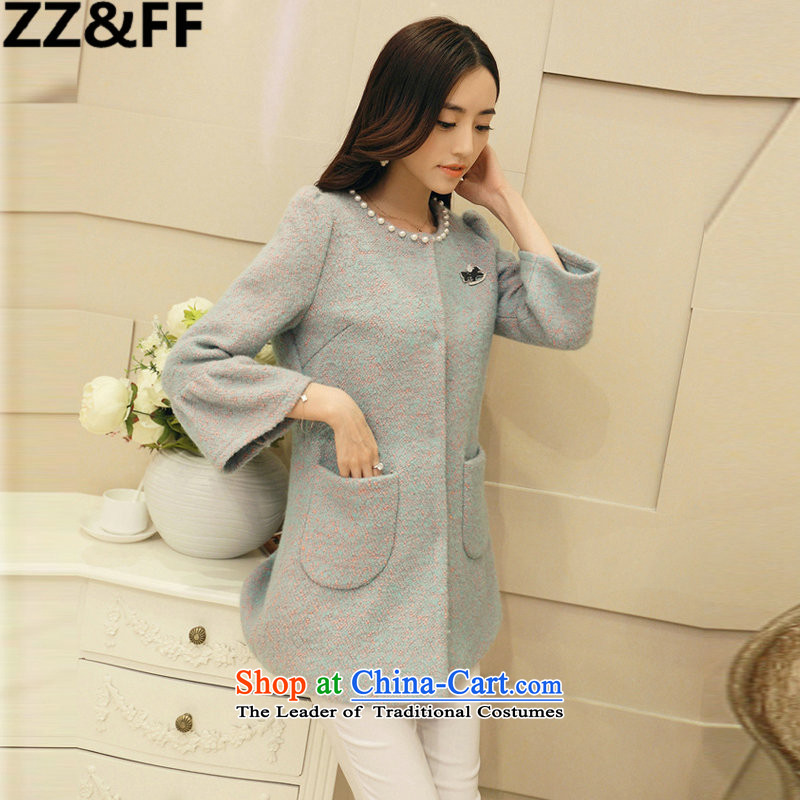 Women 2015 Zz_ff new autumn jackets Korean staples in the Pearl half long a wool coat gross??M Blue female Jacket
