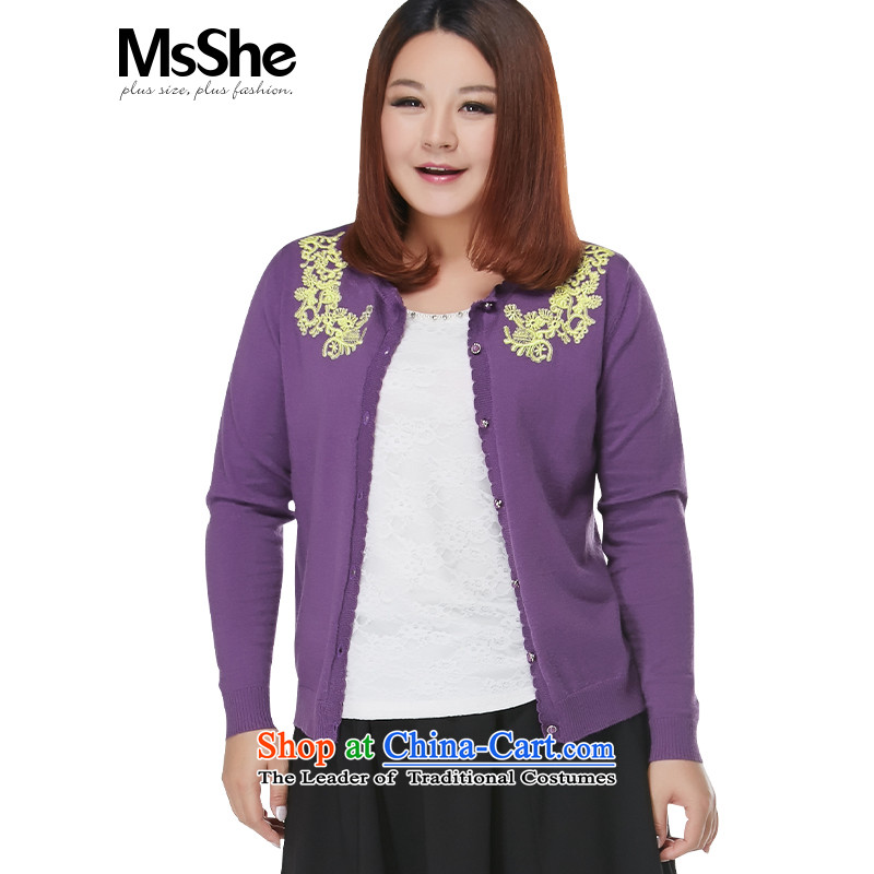 Large msshe women 2015 new autumn and winter 200 catties round-neck collar embroidered sweater cardigan knitwear 4161 6XL Purple