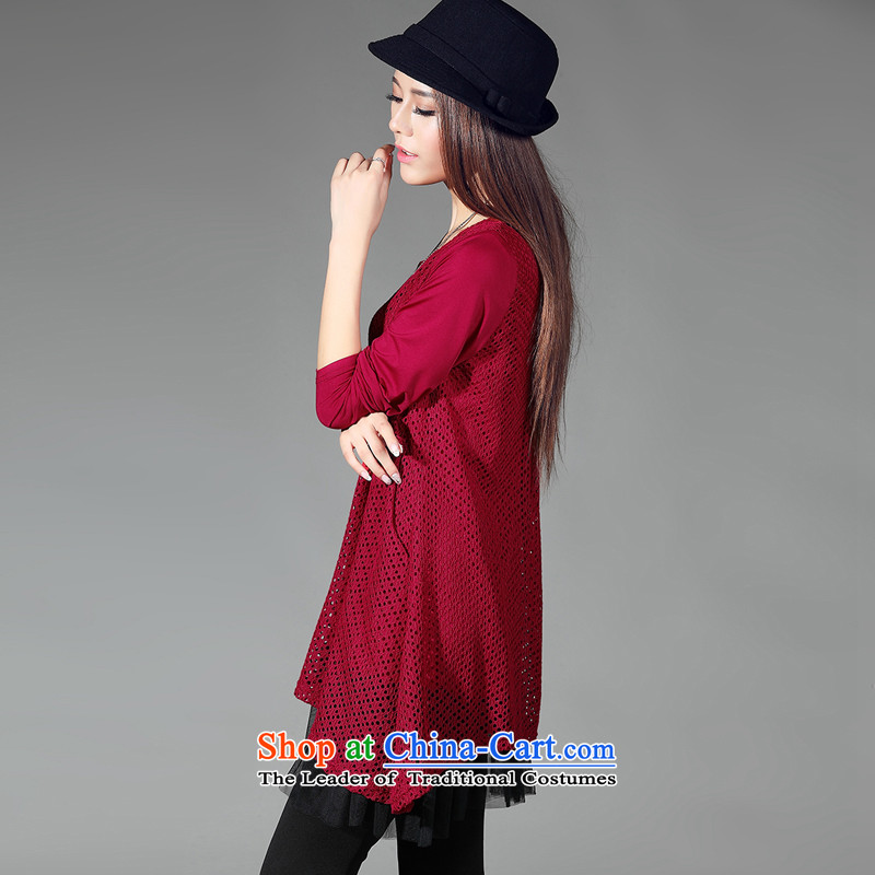 2015 Autumn and winter Zz&ff new Korean version thin engraving gauze leave two stitching long-sleeved T-shirt, forming the female wine red shirt XXXXL,ZZ&FF,,, shopping on the Internet