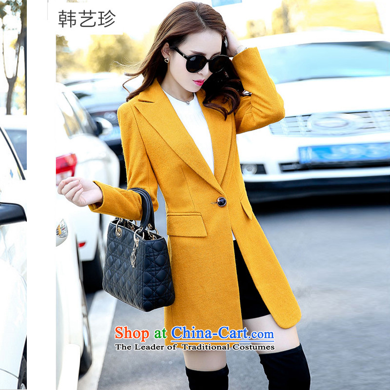 Korea Yae Jin 2015 autumn and winter new gross girls jacket? Long lapel wool a wool coat video thin yellow?L