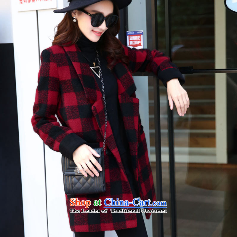 2015 winter clothing new OVBE, Korean fashion lapel latticed Sau San Mao? wild in temperament coats long jacket, Female Red Grid XL,OVBE,,, shopping on the Internet