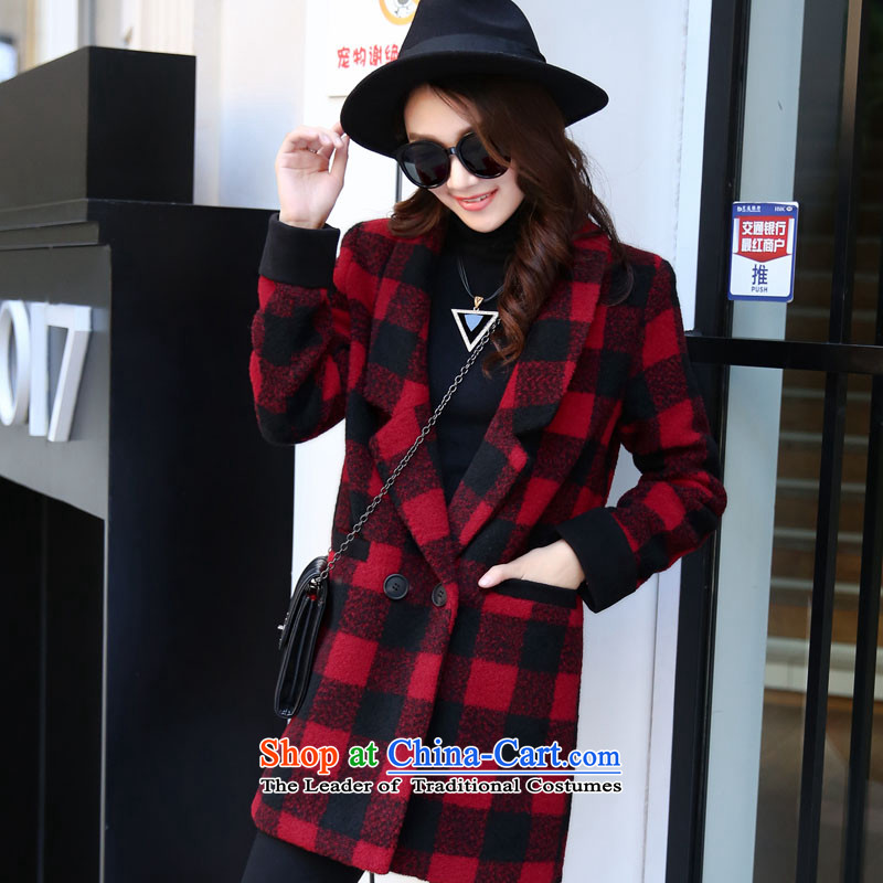 2015 winter clothing new OVBE, Korean fashion lapel latticed Sau San Mao? wild in temperament coats long jacket, Female Red Grid XL,OVBE,,, shopping on the Internet