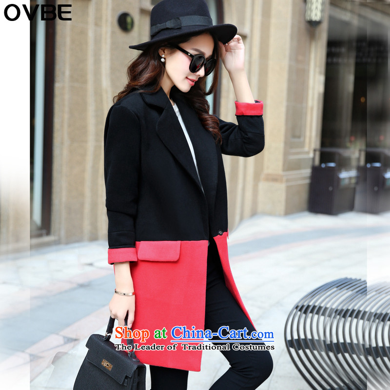 2015 winter clothing new OVBE, Korean fashion Sau San stitching knocked colors? In OL long jacket temperament jacket, female watermelon red XL