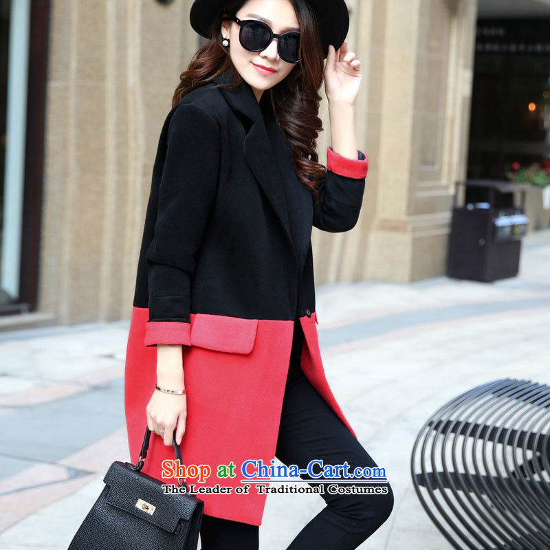 2015 winter clothing new OVBE, Korean fashion Sau San stitching knocked colors? In OL long jacket temperament jacket, female watermelon red XL,OVBE,,, shopping on the Internet