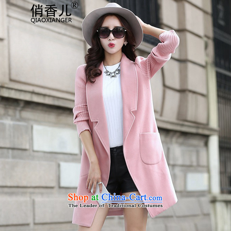 For?autumn and winter 2015-heung-new ladies hair? Jacket Korean fashion sweater stitching long-sleeved temperament and elegant in thin long graphics gross overcoats? female pink?M