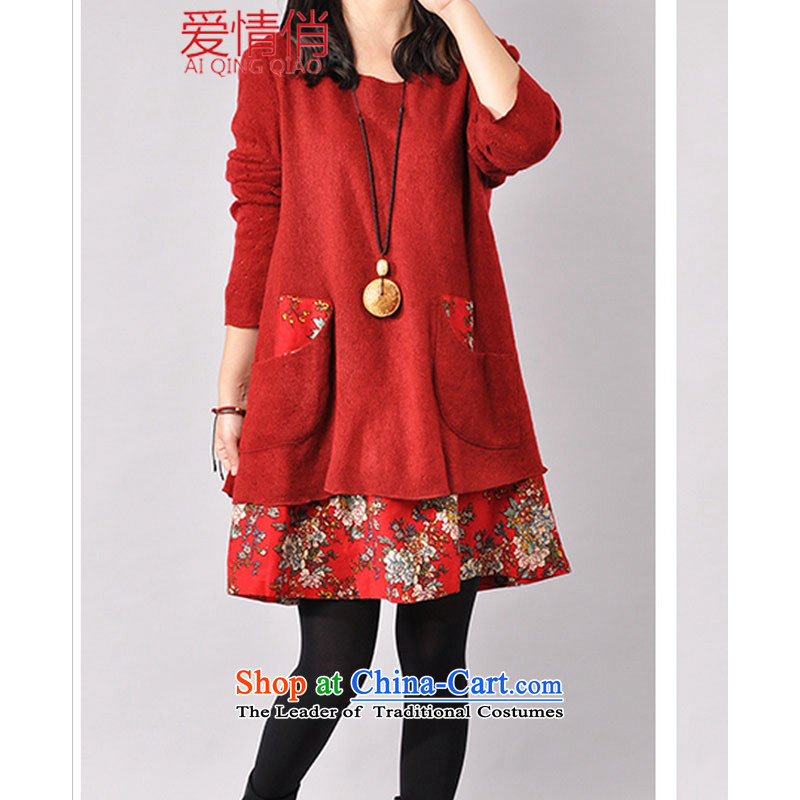 Love is the new MM thick Korean large leave in two long long-sleeved cotton linen dresses sweater 927_ red XXL