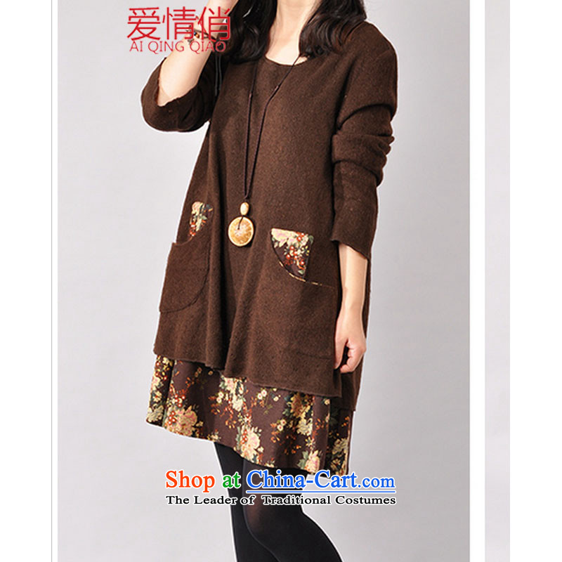 Love is the new MM thick Korean large leave in two long long-sleeved cotton linen dresses 927# sweater red XXL, love for (AI QING QIAO) , , , shopping on the Internet