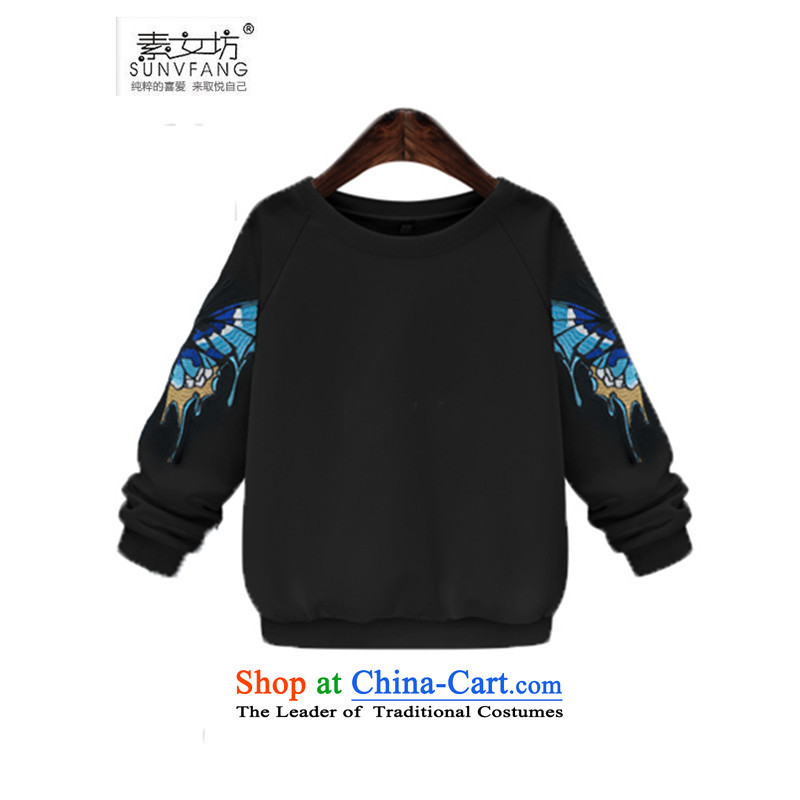 Motome workshop for larger women in the?autumn of 2015 on David Yi New European and American Women's larger 200 catties thick sister embroidery video thin sweater 364 Black?5XL?180-210 recommended weight catty
