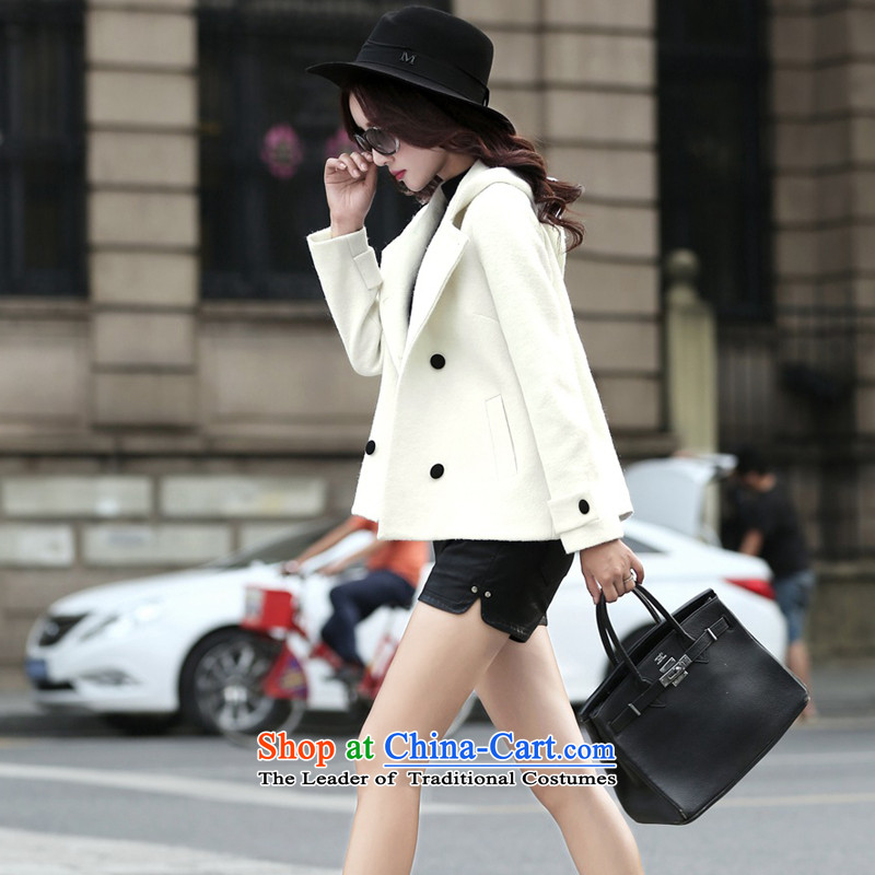2015 Autumn and winter new stylish Korean Ladies casual wild pure color minimalist double-cap reverse collar short jacket, gross? m White M charm of female and Asia (charm bali shopping on the Internet has been pressed.)