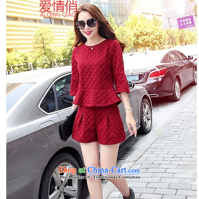 Love is the Fall 2015 new products Sau San video thin solid-colored T-shirt women and two kits incense wind shorts stylish Suite9670wine redXL