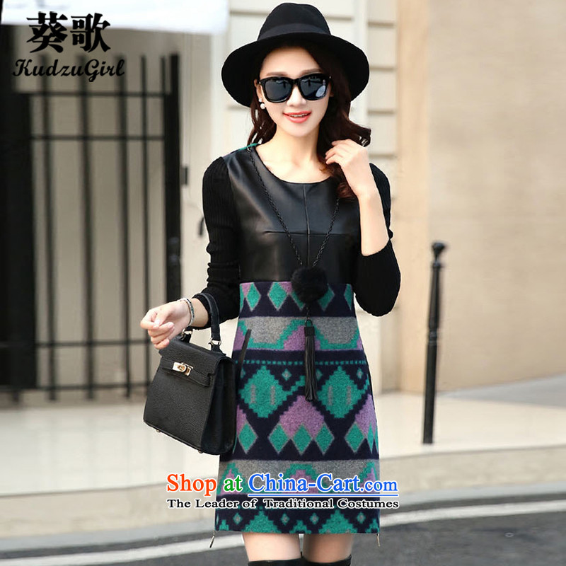 ?2015 Autumn and Winter Song Of Kwai women forming the long-sleeved gross dresses in this long thin large number of Sau San video female?K388?green?L