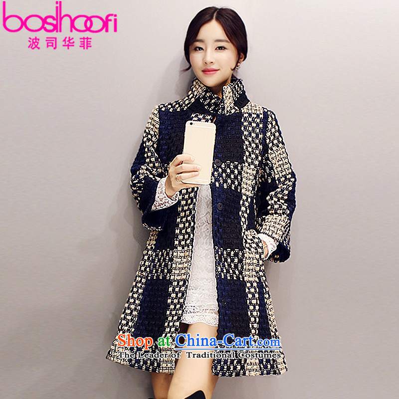 (Philippines 2015 wave autumn and winter load new women's long line scurf collar jacket coat? female gross A8989 navy , L, Wave Division (BOSIHOOFI Wah Shopping on the Internet has been pressed.)