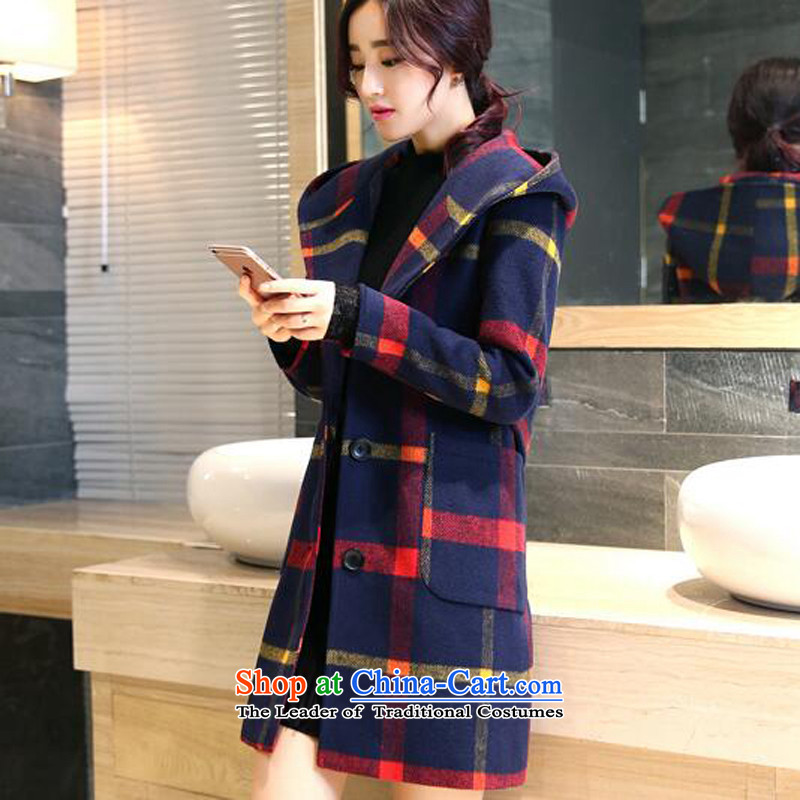 The early autumn and winter latticed gross valin jacket Korean version of this long and cotton wool cap a simple and stylish coat female Red Yellow XL, ING Barings early shopping on the Internet has been pressed.