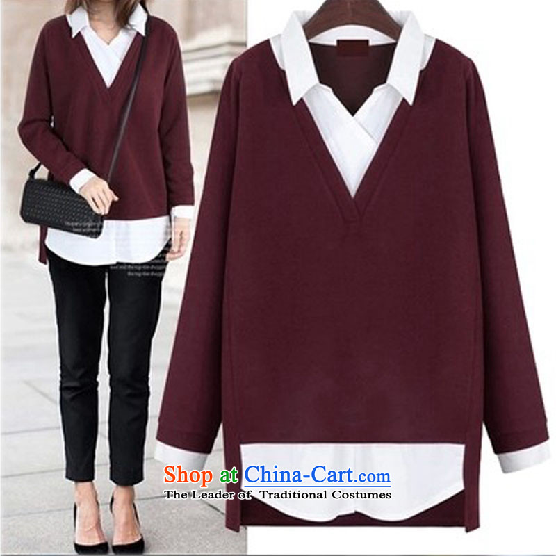 Thick sister to increase women's code 200 catties autumn and winter new t-shirts in mm thick long thin forming the graphics shirt wine red 5XL., Mak Wai.... taxi shopping on the Internet